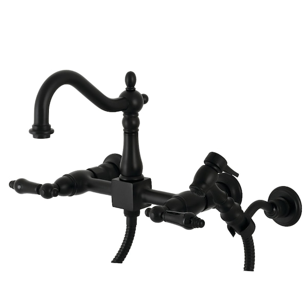 Kingston Brass Duchess Wall Mount Bridge Kitchen Faucet W/ Brass Sprayer, Black KS1260PKLBS - main